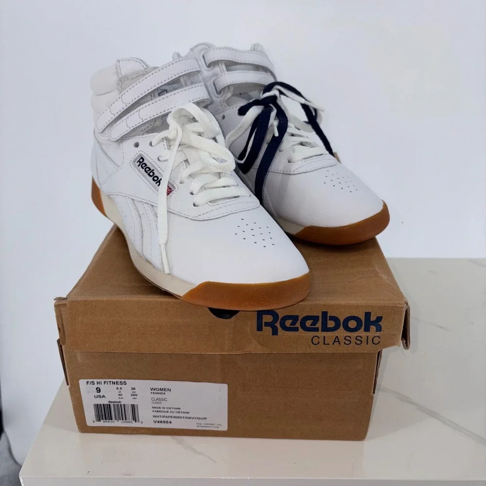 Y2K Reebok F/S Hi Fitness Sz 9 White Gum Leather High Top Strappy Retro Sneakers